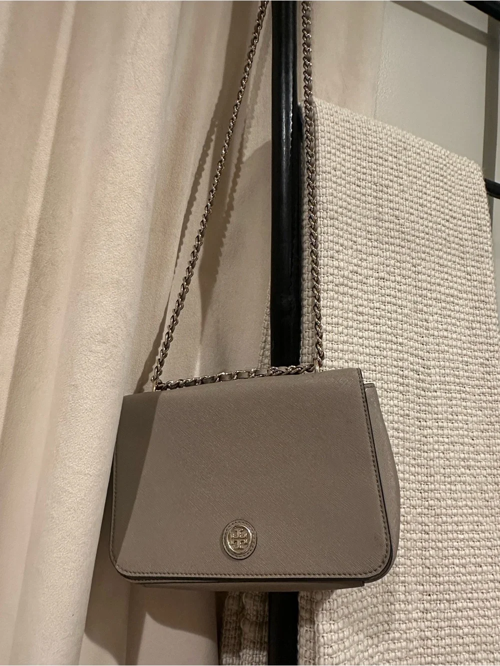 Tory Burch taupe leather shoulder or crossbody bag with gold chain